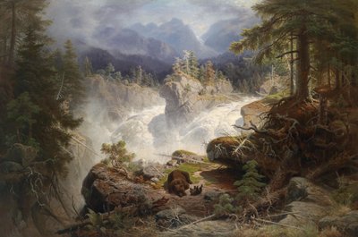 Bärenfamilie in weiter Gebirgslandschaft von Georg Eduard Otto Saal
